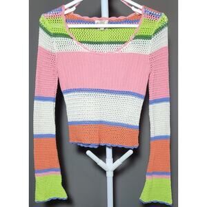 Hippie Rose Crochet Knit Sweater Boho Pullover Y2k Retro Stripes Women Sz XS